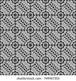 Used as digital wallpaper and technology background. Abstract vector geometry surfaces, lines and points seamless pattern in gray, black and white tones.