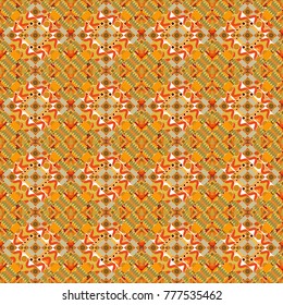 Used as digital wallpaper and technology background. Abstract vector geometry surfaces, lines and points seamless pattern in yellow, green and orange tones.