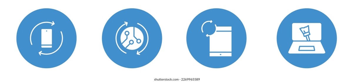 Dispositivos electrónicos usados conjunto de iconos circulares modernos, concepto de smartphone renovado, tienda de computadoras reutilizable iconos vectoriales modernos, emblemas de reventa, símbolos de productos de segunda mano aislados