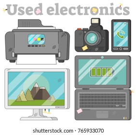 Used electronics collection, vector illustration set with printer, photo camera, mobile phone, desktop monitor and old laptop illustrations