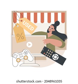 Used electronics trading abstract concept vector illustration. Electronics trade online, buying used gadget, second-hand device purchasing, pre-owned goods, sell old smartphone abstract metaphor.