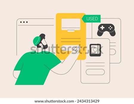 Used electronics trading abstract concept vector illustration. Electronics trade online, buying used gadget, second-hand device purchasing, pre-owned goods, sell old smartphone abstract metaphor.