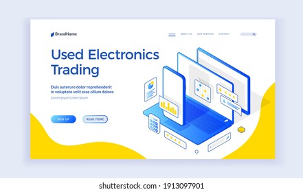 Used electronics trading. Isometric web banner, landing page template. Vector illustration of digital devices smartphone, laptop, tablet