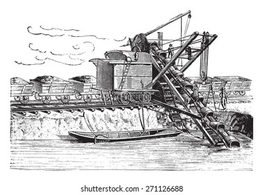 Used excavator digging the new bed of the Danube, vintage engraved illustration. Industrial encyclopedia E.-O. Lami - 1875. 