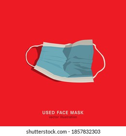 Used Face Mask. Incorrect Disposal Of Medical Supplies. Crumpled Utilized Sugical Equipment. Safe Ecology. Polluted Enviroment. Vector Illustration Isolated On A Red Background In Realistic Style