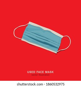 Used face mask. Incorrect disposal of medical supplies. Crumpled utilized surgical equipment. Polluted environment. Editable vector illustration isolated on a red background in realistic style