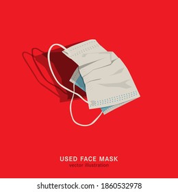 Máscara usada. Eliminación incorrecta de suministros médicos. Equipo quirúrgico utilizado en rumbos. Medio ambiente contaminado. Ilustración vectorial editable aislada en un fondo rojo con un estilo realista