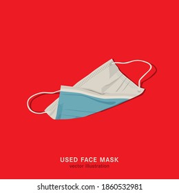 Used face mask. Incorrect disposal of medical supplies. Crumpled utilized surgical equipment. Polluted environment. Editable vector illustration isolated on a red background in realistic style