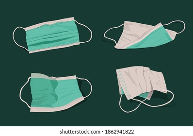 Used face mask. Incorrect disposal of medical supplies. Crumpled utilized surgical equipment. Safe ecology concept. Polluted environment. Editable vector illustration in realistic style. Graphic set
