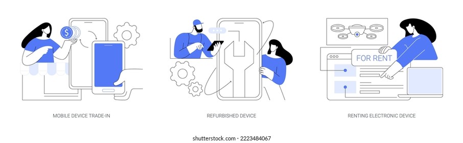 Used gadgets abstract concept vector illustration set. Mobile device trade-in, refurbished mobile phone, renting electronics website, buyback electronics, eco-friendly smartphone abstract metaphor.