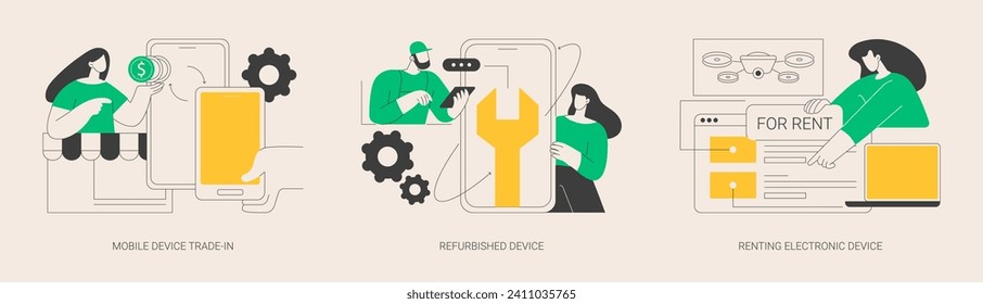 Used gadgets abstract concept vector illustration set. Mobile device trade-in, refurbished mobile phone, renting electronics website, buyback electronics, eco-friendly smartphone abstract metaphor.