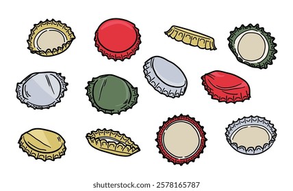 Used glassware bottle metallic caps, lemonade, consumed soda or beer glass jar lids isolated set. Colorful crooked non-alcohol beverage and alcohol drink packs metal covers vector illustration