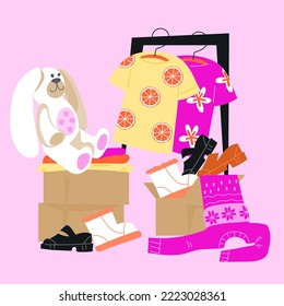 Artículos y ropa usados empacados en cajas para caridad, ilustración plana vectorial. Cartel o cartel para campaña de caridad y donación de ropa.