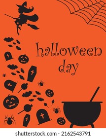 used for halloween. Contains familiar things like pumpkins, witches, cooking pots, spiders, candies and tombstones