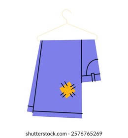 Used jeans with a defect on a hanger. Second hand. Reuse and zero waste concept. Flat vector illustration.