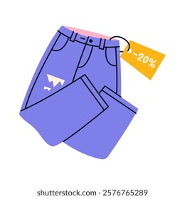 Used jeans with a discount 20%. Second hand. Reuse and zero waste concept. Flat vector illustration.