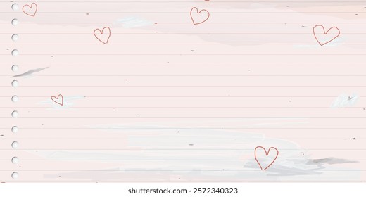 Used old notebook paper background with heart shape doodle line and stained effect graphic illustration have blank space. Valentine's day greeting card childish style. Love letter template.