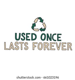 Used once,lasts forever. Hand drawn vector illustration about reuse, reduce, recycle. Lettering script for Earth day. Eco concept.