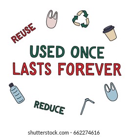 Used once,lasts forever. Hand drawn vector illustration about reuse, reduce, recycle. Lettering script for Earth day. Eco concept.