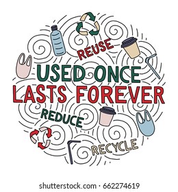Used once,lasts forever. Hand drawn vector illustration about reuse, reduce, recycle. Lettering script for Earth day. Eco concept.