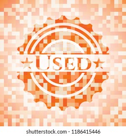 Used orange tile background illustration. Square geometric mosaic seamless pattern with emblem inside.