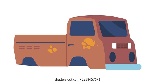 Coche de recogida usado sin suspensión y ruedas. Vehículo roto con recubrimiento rojizo. Camión pequeño obsoleto. Icono de Aislamiento de Transporte Antiguo para Eliminación en Fondo Blanco. Ilustración del vector de dibujos animados