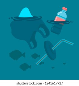 Used plastic bag, bottle and soft drink container straw floating on a calm ocean with fish polluting the aquatic environment. Vector flat illustration.