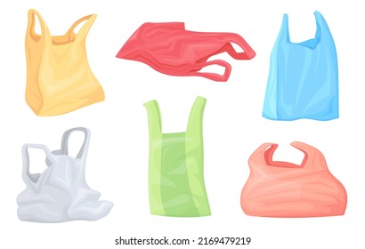 Used plastic bags. Transparent bag hypermarket shop, disposable colorful wrapping empty plastic-bag supermarket packet recycle garbage rubbish color pack vector illustration of bag used for pollution