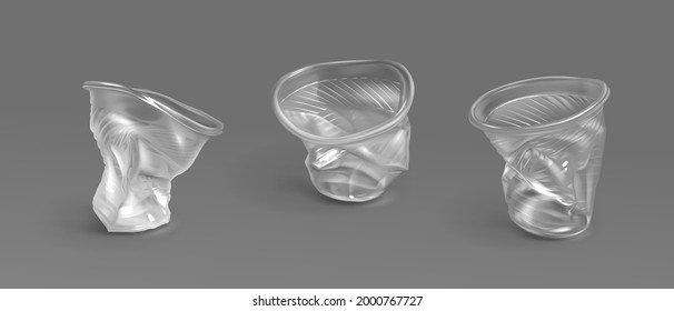 Used plastic cups, transparent disposable glasses. Vector realistic set of crumpled empty clear cups for water, juice, tea and drinks. Concept of recycle trash, discarded garbage