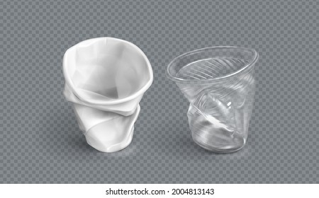 Used plastic cups, white and clear disposable glasses. Vector realistic set of crumpled empty cups for water and drinks isolated on transparent background. Concept of recycle trash, discarded garbage