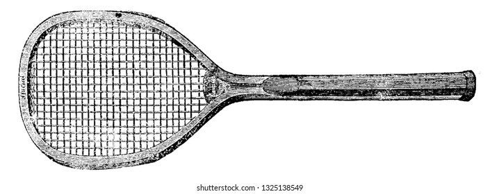 Used to play tennis usually consist of a handle and an oval frame with a tightly interlaced network of strings, vintage engraved line art illustration. Bicycle Accessories - 1900