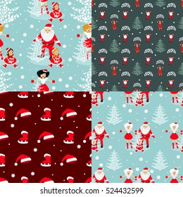 used for printing, websites, design, seamless pattern. EPS 10 vector illustration. used for decoration, interior, fabrics, etc. on a blue background with Santa Claus and baby Elf and Mrs. Santa arms