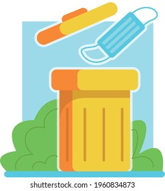 Used protective medical mask. Garbage disposal. Yellow container. Concept of the end of the pandemic and the COVID-19 disease. Flat illustration clipart isolated on bush and blue oval background art