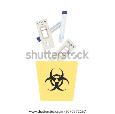 Used Rapid Antigen Test Kit wastes dispose in the infectious bin. How to dispose contaminated wastes correctly. Biological hazard infectious waste symbol on yellow bin. Flat vector illustration.