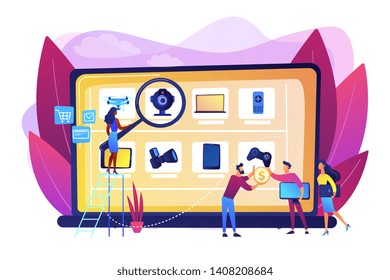 Used and refurbished electronics Internet store website. Online flea market, flea marketing, online flea market operations, get rich online concept. Bright vibrant violet vector isolated illustration
