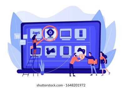 Used and refurbished electronics Internet store website. Online flea market, flea marketing, online flea market operations, get rich online concept. Pinkish coral bluevector isolated illustration