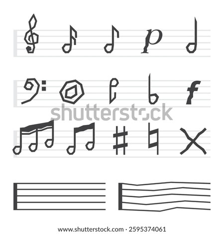 The used symbols of the notes are made in an abstract style for graphic design. Musical symbols are signs and symbols in musical notation that indicate various aspects.