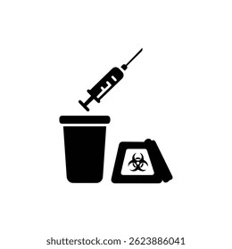 Used Syringe Being Dropped into Biohazard Container Black Filled Minimal Icon