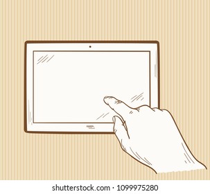 
Used Tablet Touch screen gesture mockup and Pointing finger Hand drawn Sketch. Human hand touching touchscreen or pointing to something. Vector illustration