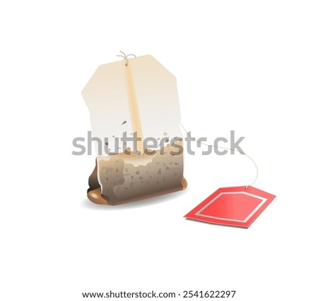 Used tea bag with label on white background. Vector realistic illustration