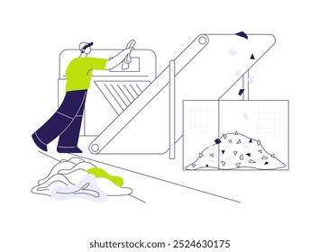 Ilustração de vetor de conceito abstrato de trituração de tecido usado. Trabalhador de fábrica lida com a trituração de têxteis usados usando máquina de automação, indústria de luz, metáfora abstrata de reciclagem de fibras.