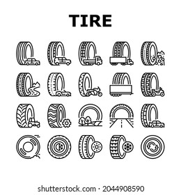 Used Tire Sale Shop Business Icons Set Vector. Winter And Summer Seasonal Used Tire For Truck And Car, Farm Tractor And Motorcycle Line. Reusing Automobile Wheel Black Contour Illustrations