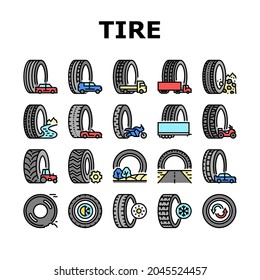 Used Tire Sale Shop Business Icons Set Vector. Winter And Summer Seasonal Used Tire For Truck And Car, Farm Tractor And Motorcycle Line. Reusing Automobile Wheel Color Illustrations