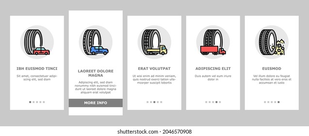 Used Tire Sale Shop Business Onboarding Mobile App Page Screen Vector. Winter And Summer Seasonal Used Tire For Truck And Car, Farm Tractor And Motorcycle Illustrations