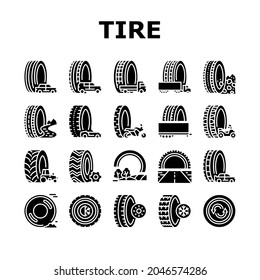 Used Tire Sale Shop Business Icons Set Vector. Winter And Summer Seasonal Used Tire For Truck And Car, Farm Tractor And Motorcycle Line. Reusing Automobile Wheel Glyph Pictograms Black Illustrations