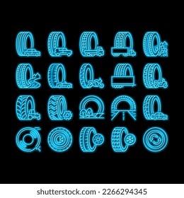 Used Tire Sale Shop Business neon light sign vector. Winter And Summer Seasonal Used Tire For Truck And Car, Farm Tractor And Motorcycle Line. Reusing Automobile Wheel Illustrations
