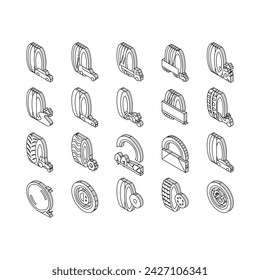 Used Tire Sale Shop Business isometric icons set. Winter And Summer Seasonal Used Tire For Truck And Car, Farm Tractor And Motorcycle Line. Reusing Automobile Wheel Color .