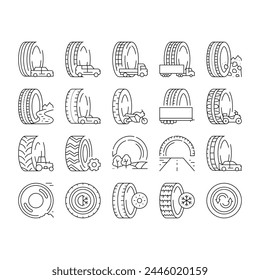 Used Tire Sale Shop Business Icons Set Vector. Winter And Summer Seasonal Used Tire For Truck And Car, Farm Tractor And Motorcycle Line. Reusing Automobile Wheel Black Contour Illustrations