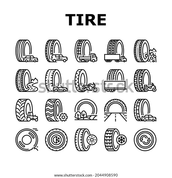 Used Tire Sale Shop Business Icons Set\
Vector. Winter And Summer Seasonal Used Tire For Truck And Car,\
Farm Tractor And Motorcycle Line. Reusing Automobile Wheel Black\
Contour Illustrations