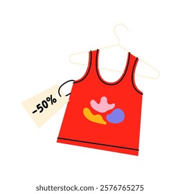 Used top with a discount 50%. Second hand. Reuse and zero waste concept. Flat vector illustration.